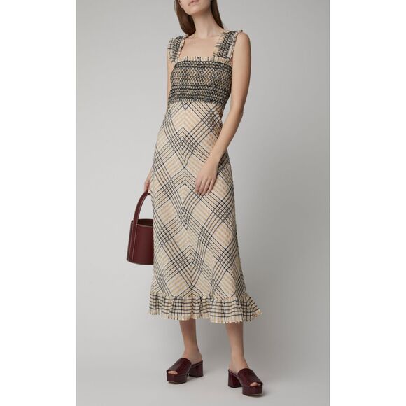 Ganni Smocked Checked Seersucker Midi Dress - sz 36 (US 4 / S) - Picture 1 of 5